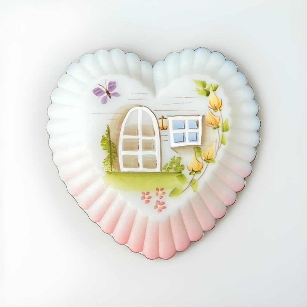 Fenton Satin Glass Heart Trinket Box Hopes Dreams Wishes Hand Painted Cottage